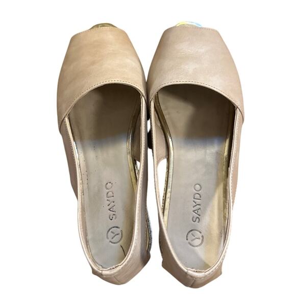 Women 39 8.5 Saydo Sandals Flats Shoes Camel Brown Leather Peep Toe Slide On - Picture 5 of 9